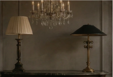 Antique table lamps and a crystal chandelier from Art-Leap Amsterdam