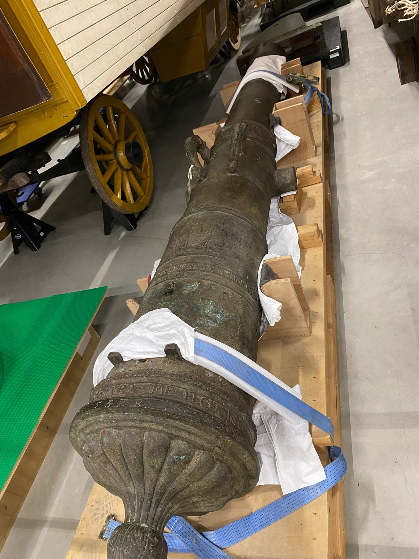 Historic bronze cannon prepared for conservation and transport
