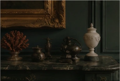 Decorative antiques on a marble console, offered by Art-Leap Amsterdam